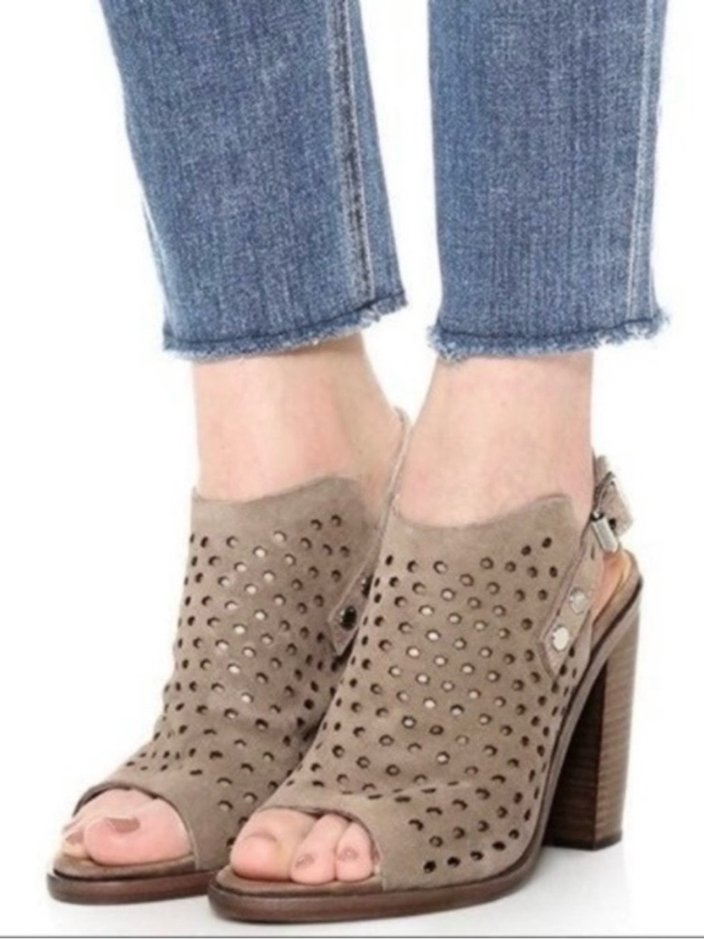 Rag & Bone Wyatt Sandals Taupe Suede Peep-Toe Block Heel Slingback Sandals